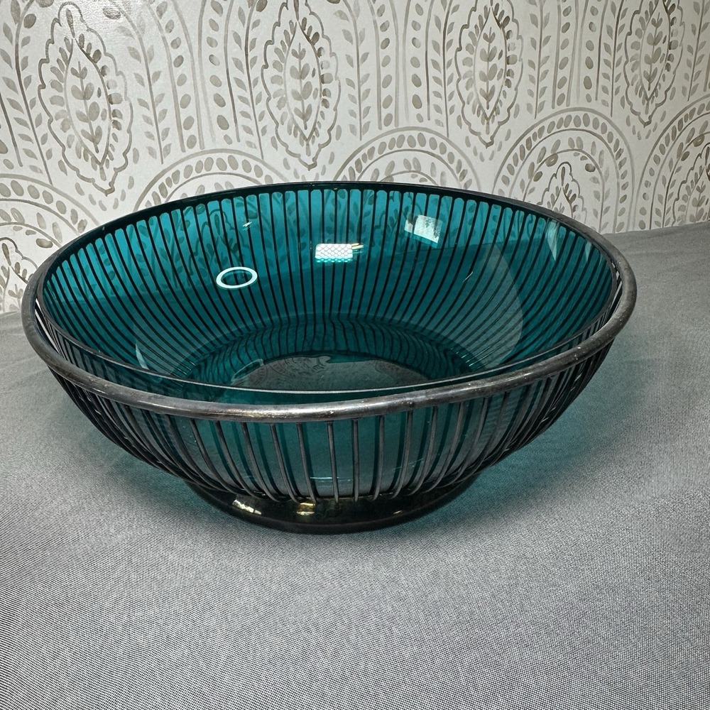 Gorham Silverplate wire basket cobalt‎ blue bowl insert glass made in Sweden